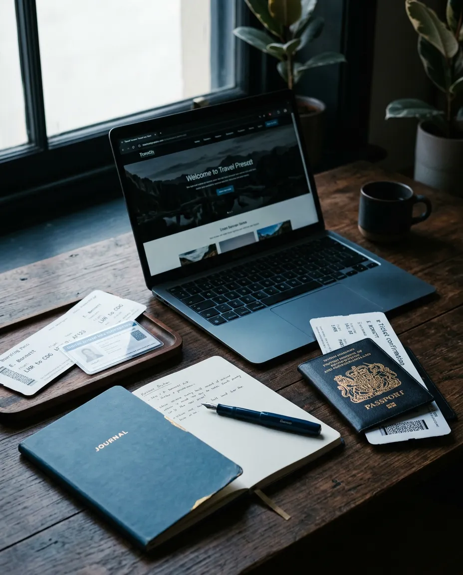 Professional workspace showcasing travel documentation, certification forms, and a laptop on a clean desk