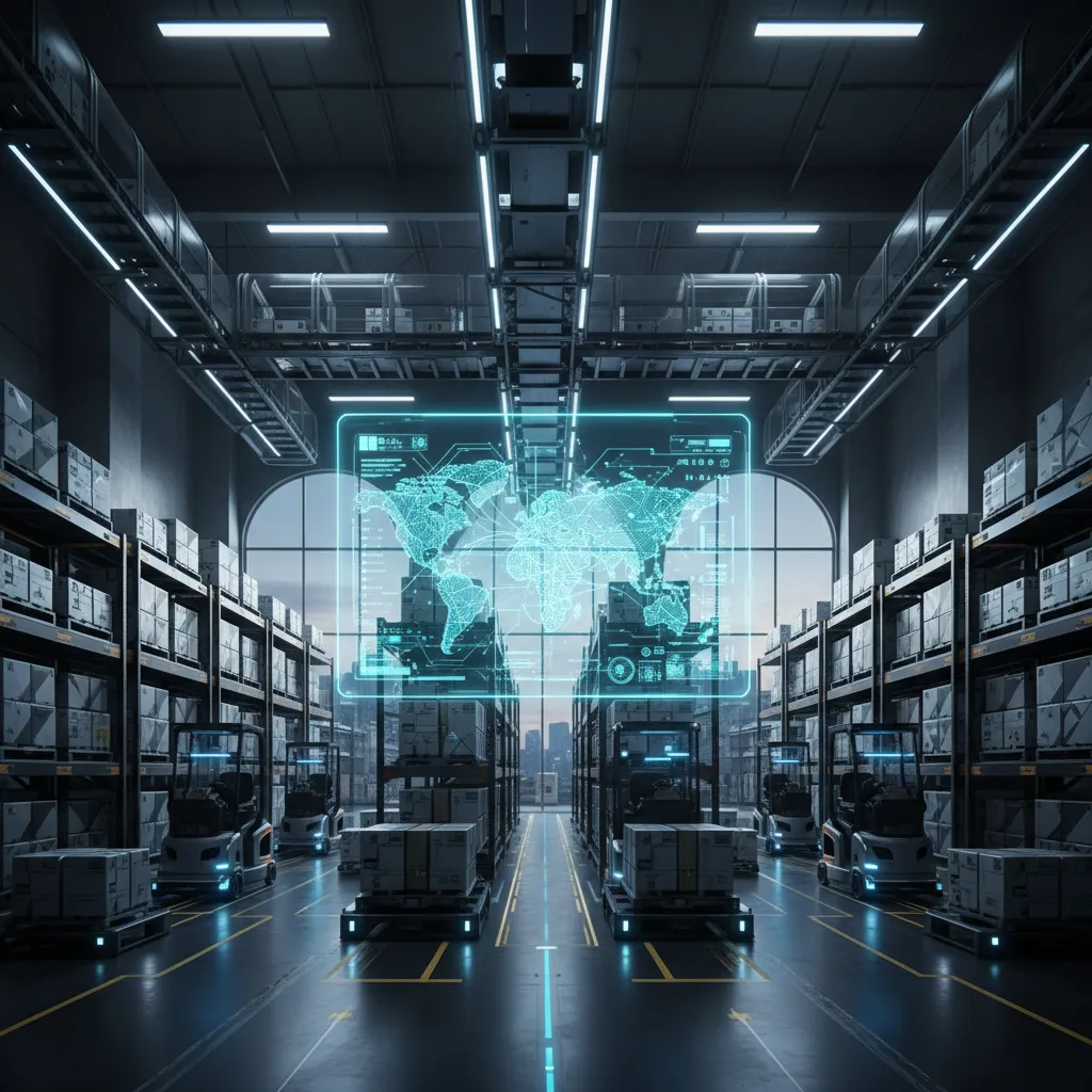 Warehouse and transport network visual representing supply chain optimization
