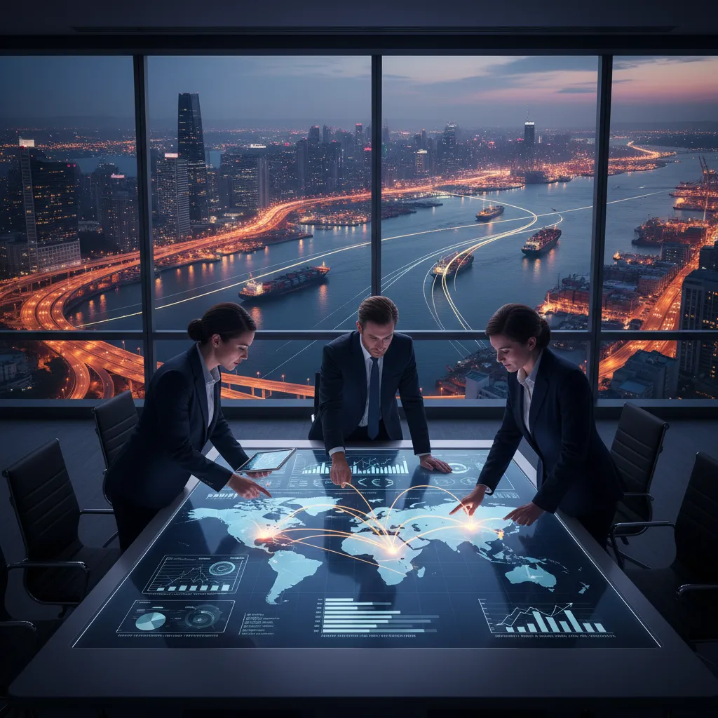 Executives reviewing a global market expansion strategy on a world map and digital dashboard