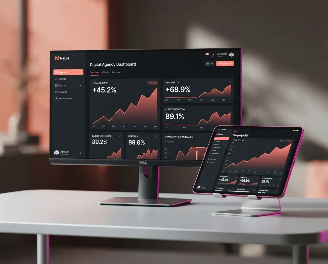 Digital agency dashboard and client growth analytics showcasing rapid business scaling