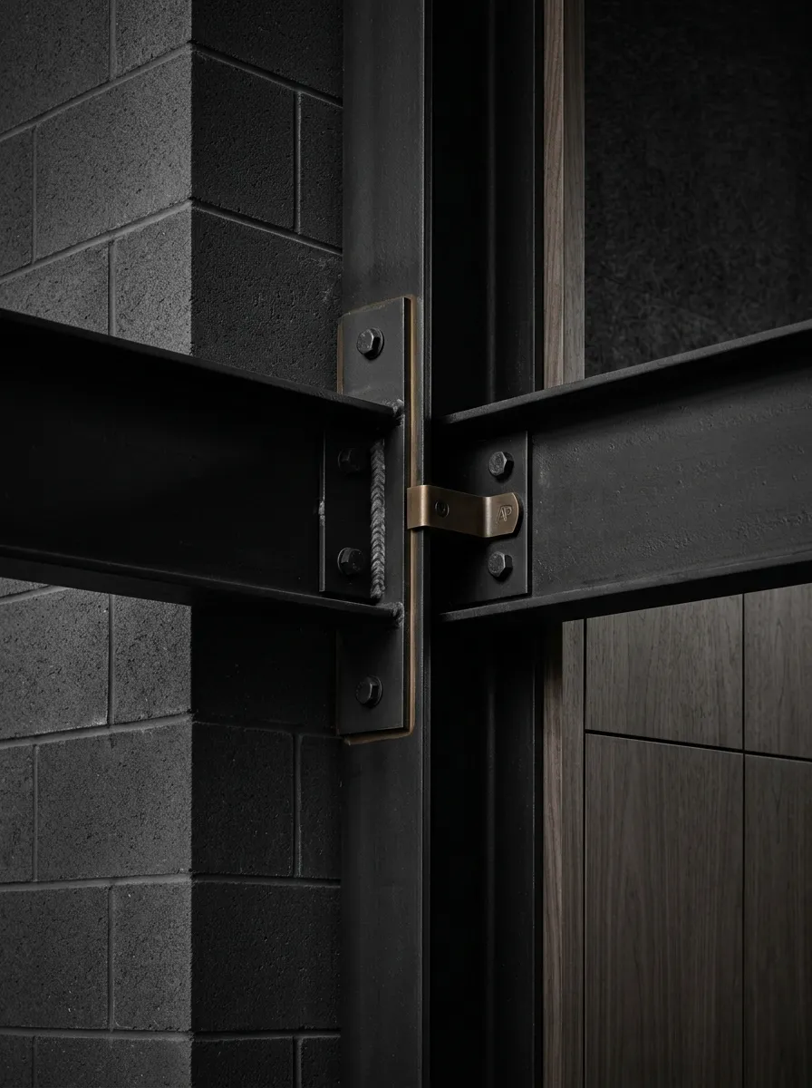Monochromatic high-contrast architectural detail showcasing precise steel joints, clean masonry lines, and industrial structural craftsmanship
