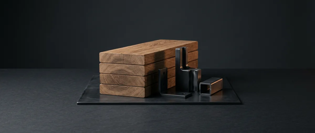 Architectural raw materials, solid wood grain and precision steel joinery details