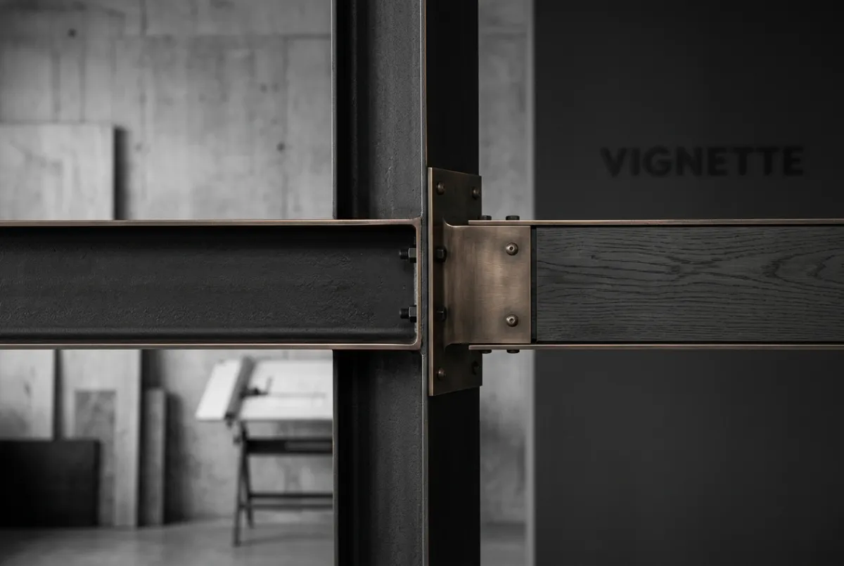 Architectural masonry detail and structural steel blueprint junction in grayscale
