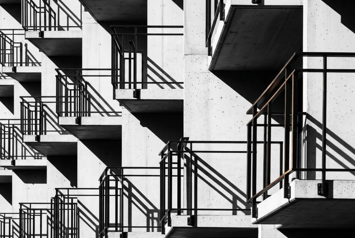 Architectural facade and modern balcony concrete line work in a multifamily complex