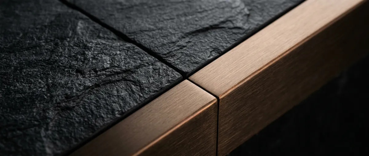 Close-up of finished architectural stone edge alignment and refined metal transitions