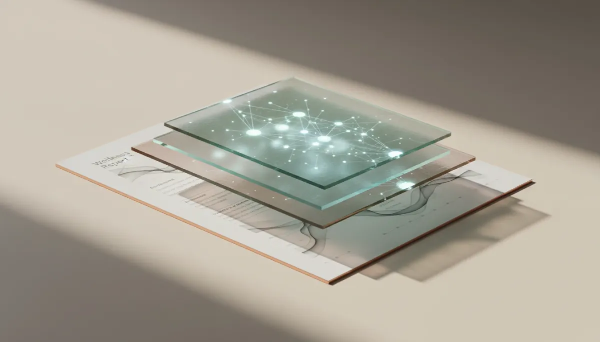 Report Glass Reveal component showing stacked frosted glass cards with wellness metrics like Gut Health 74% and subtle copper glows