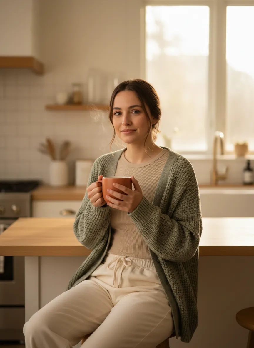 A woman looking slightly overwhelmed but hopeful, styled in soft organic tones.