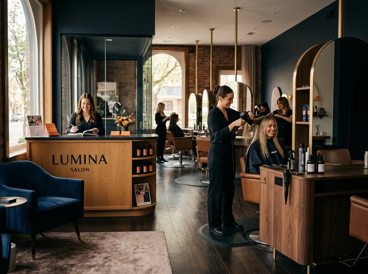 Upscale hair salon and spa interior with modern styling stations and client check-in reception