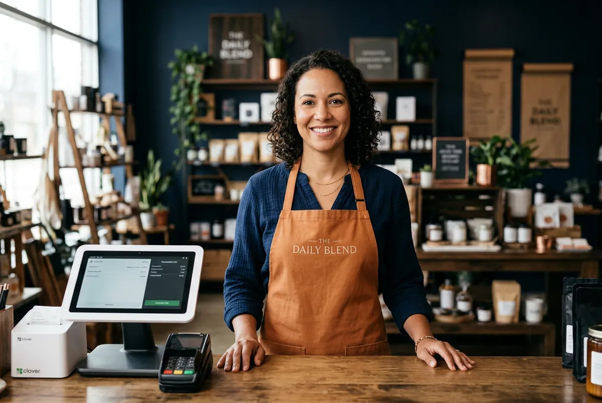 Commercial portrait of a confident small business owner smiling inside their retail shop with modern point of sale equipment