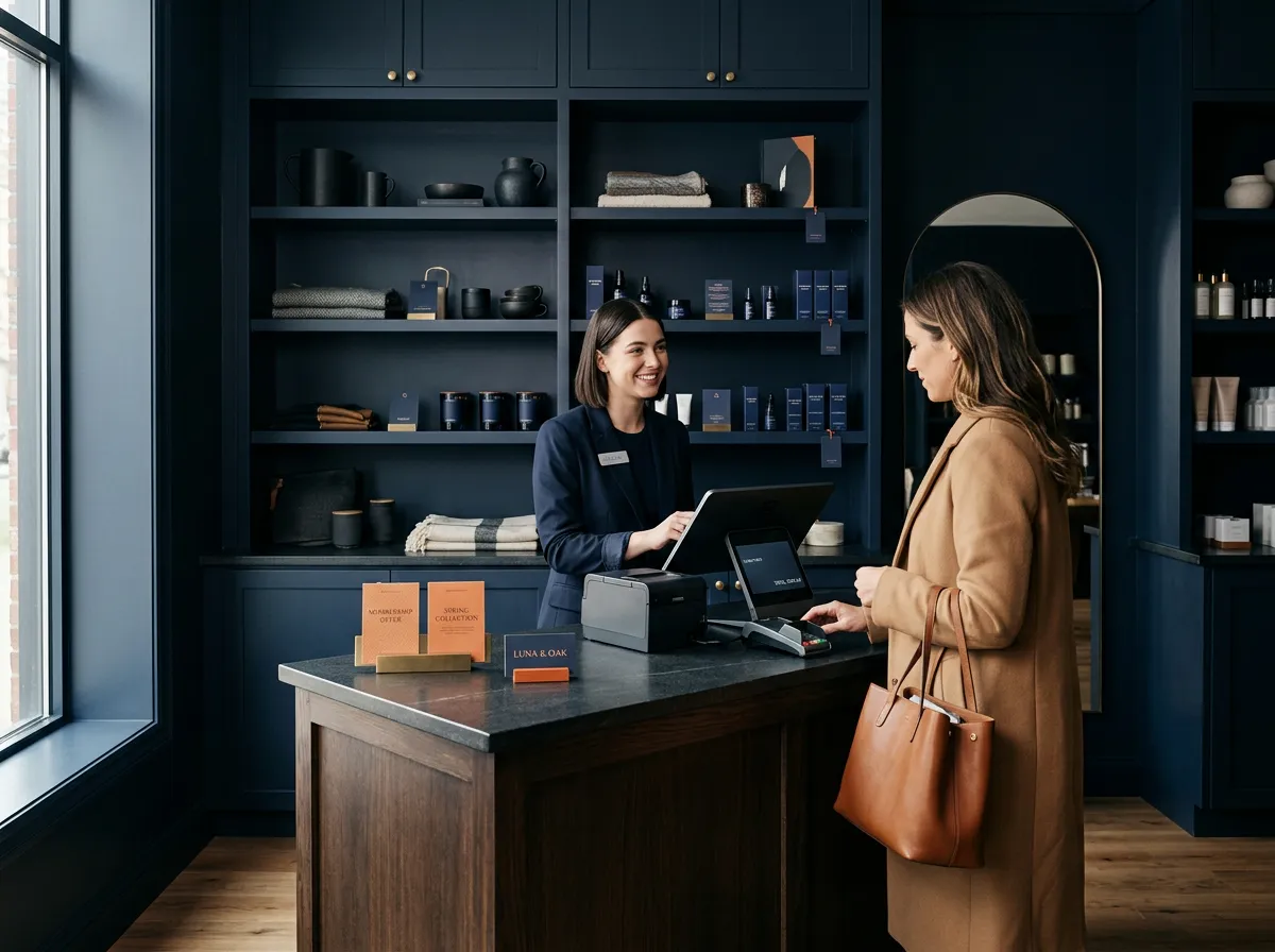 Bright boutique retail store interior with modern merchandising displays and checkout register