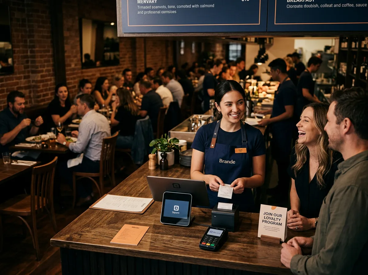 Commercial restaurant dining room and busy service counter with staff handling modern orders