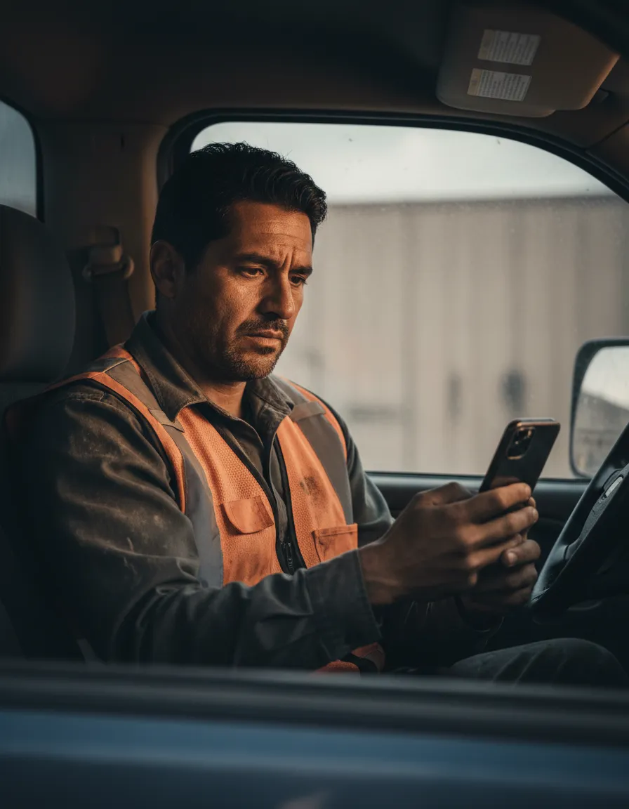 Contratista estresado mirando su teléfono