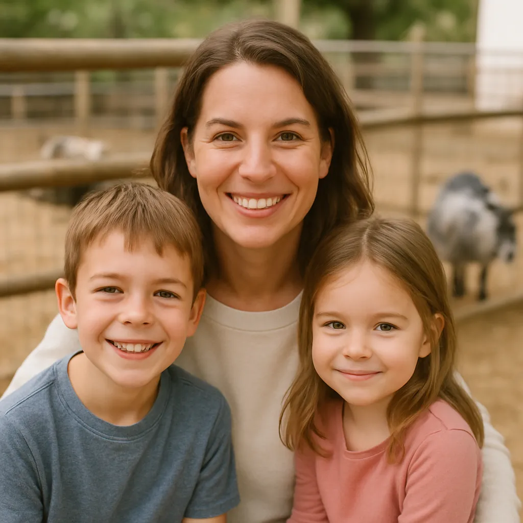 Smiling mother with two children at the petting area