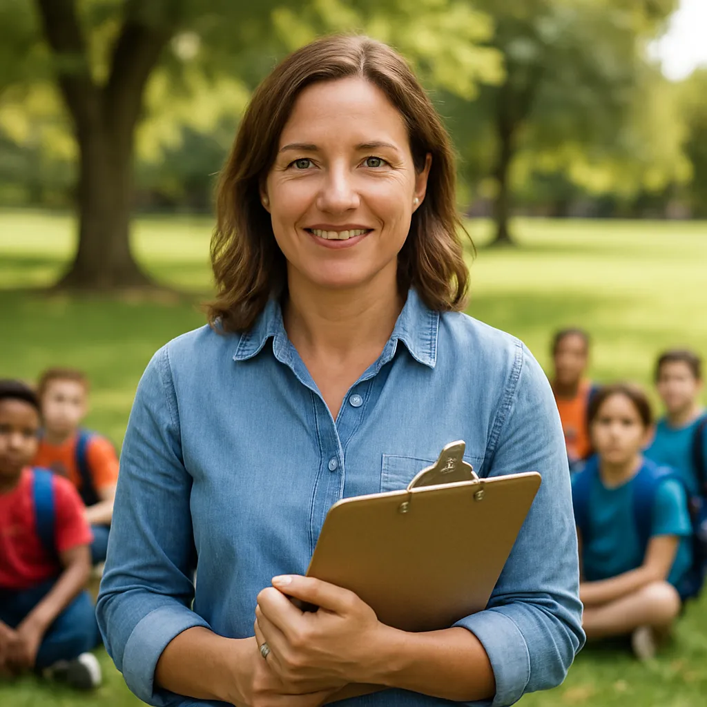 Local teacher with clipboard at the park