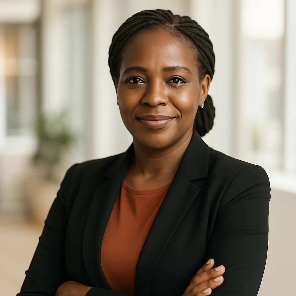 Founder of AfricCondoms, confident half-body portrait in a bright office.