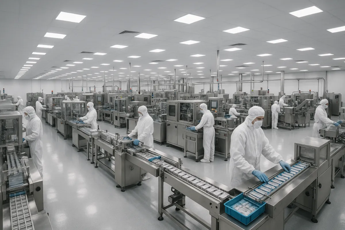 AfricCondoms sterile production floor with assembly lines and workers in protective gear