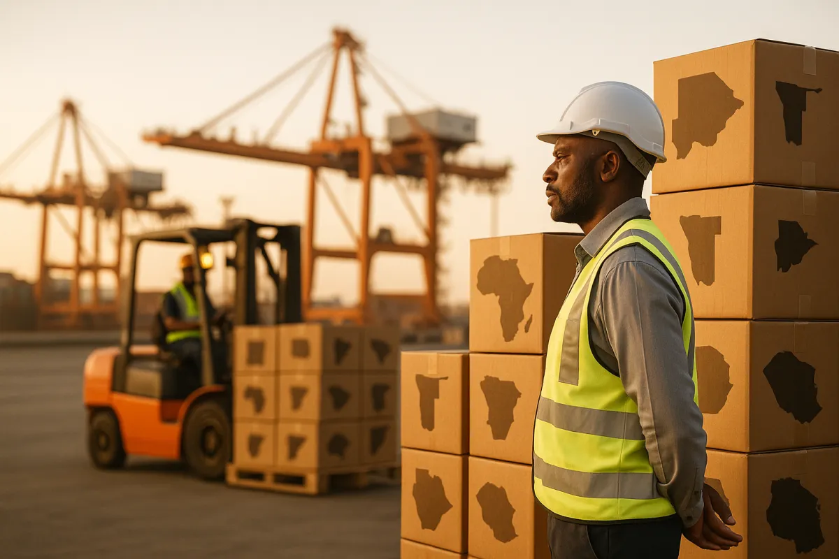 Logistics manager overseeing stacked export cartons at SADC distribution