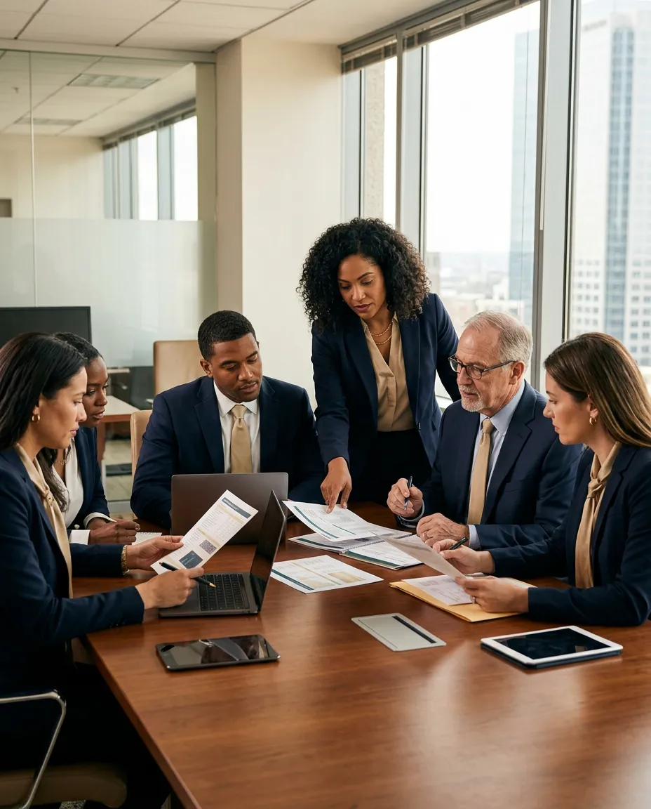Nonprofit financial advisory team collaborating in a modern professional office environment