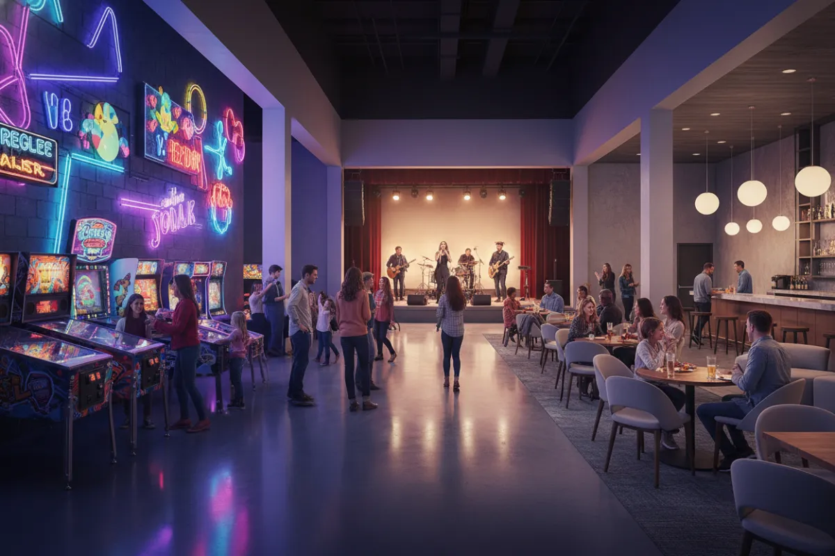 Springfield Town Center entertainment area with arcade, live band, and lounge