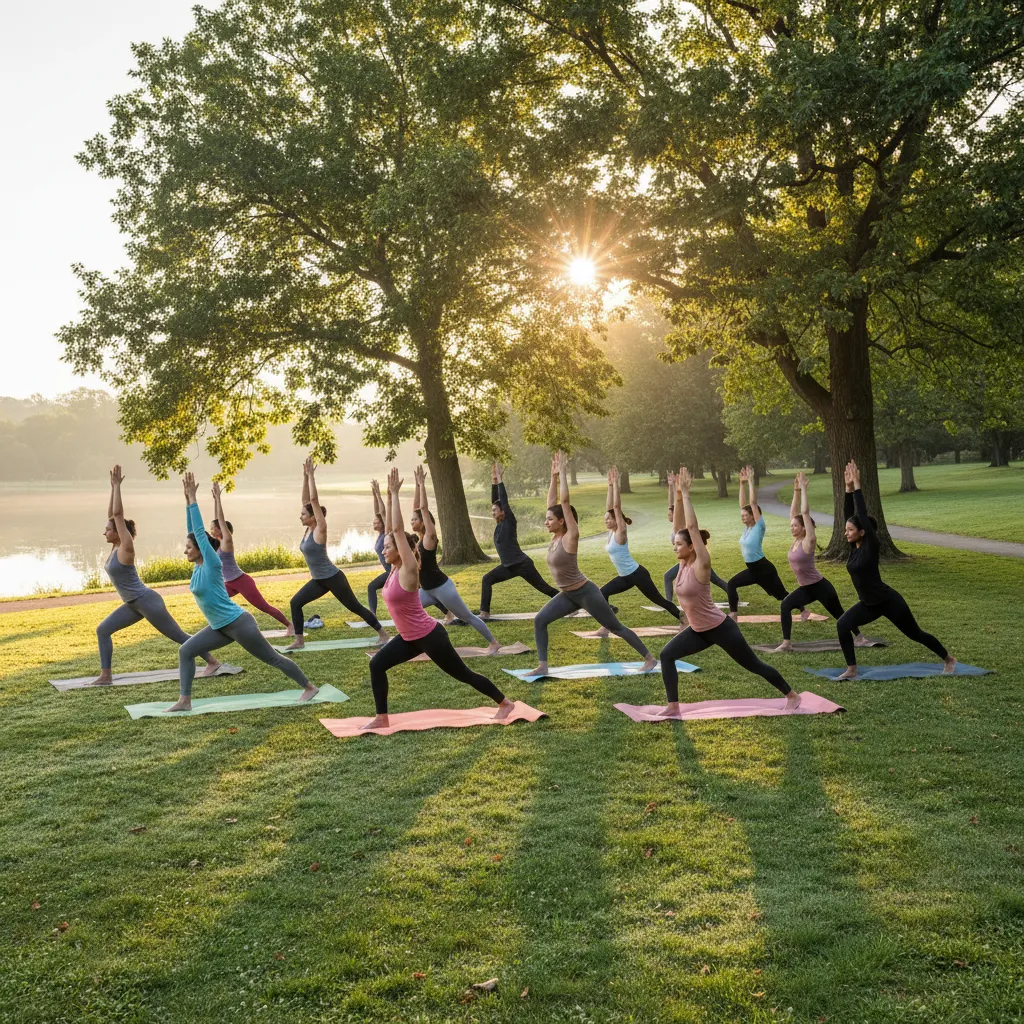 A group of adults practicing yoga on mats in a Springfield park at sunrise, with soft golden light, diverse ages and backgrounds, and lush green grass. The scene is peaceful, with trees in the background and a sense of community wellness.