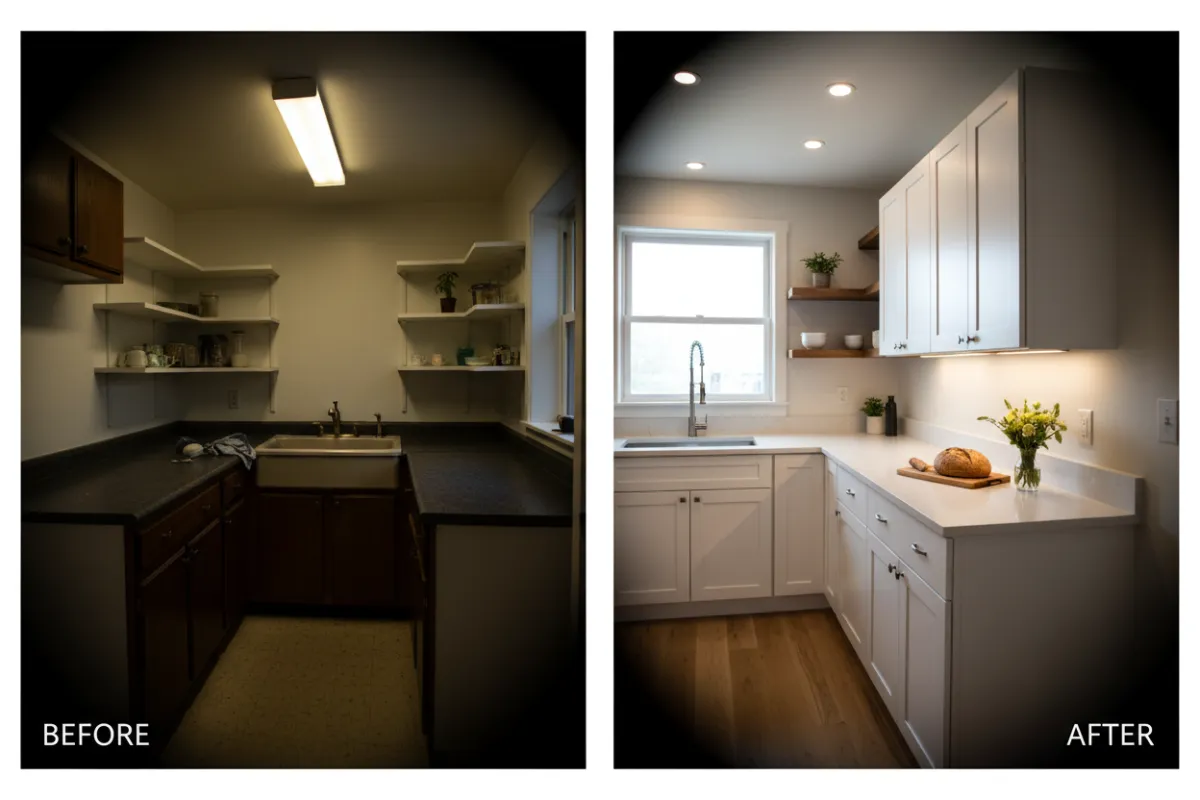 Photorealistic before-and-after style composition showing a small kitchen renovated for resale: brighter counters, new fixtures, staged for photos; emphasizes value uplift from professional improvements.