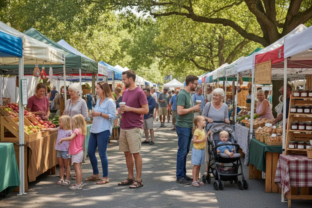 Springfield VA residents at a local farmers market, chatting and shopping at vendor stalls