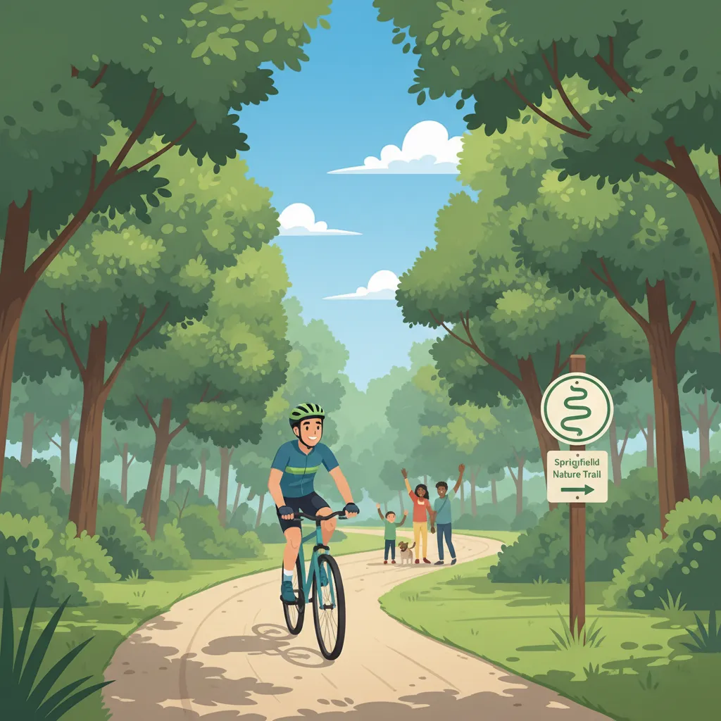 Cyclist on a Springfield trail, surrounded by trees, with clear signage and a sunny sky. Modern, active style.