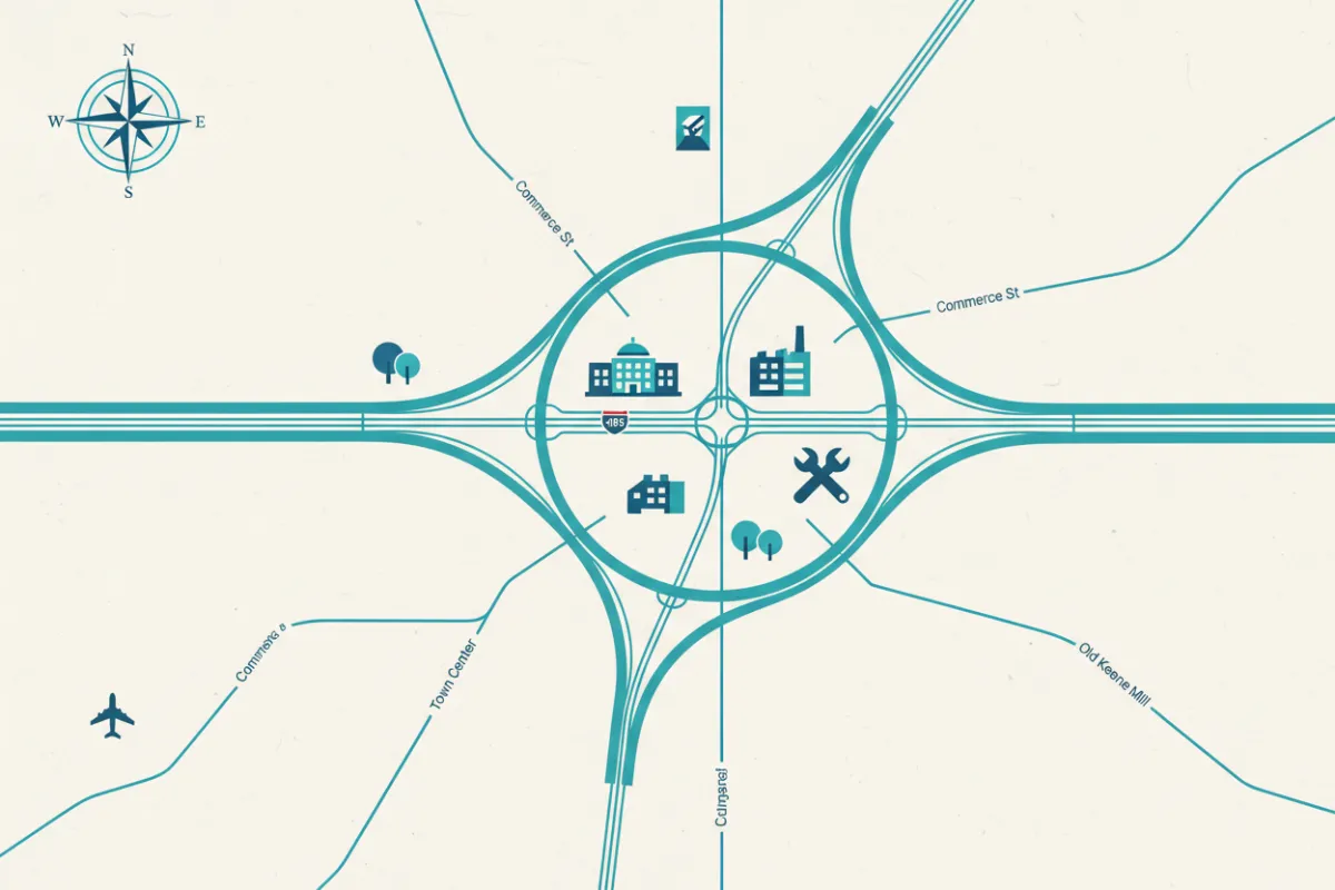 Illustrated map of Springfield, Virginia highlighting major transportation routes and landmarks, with a clean, modern style and blue accents.