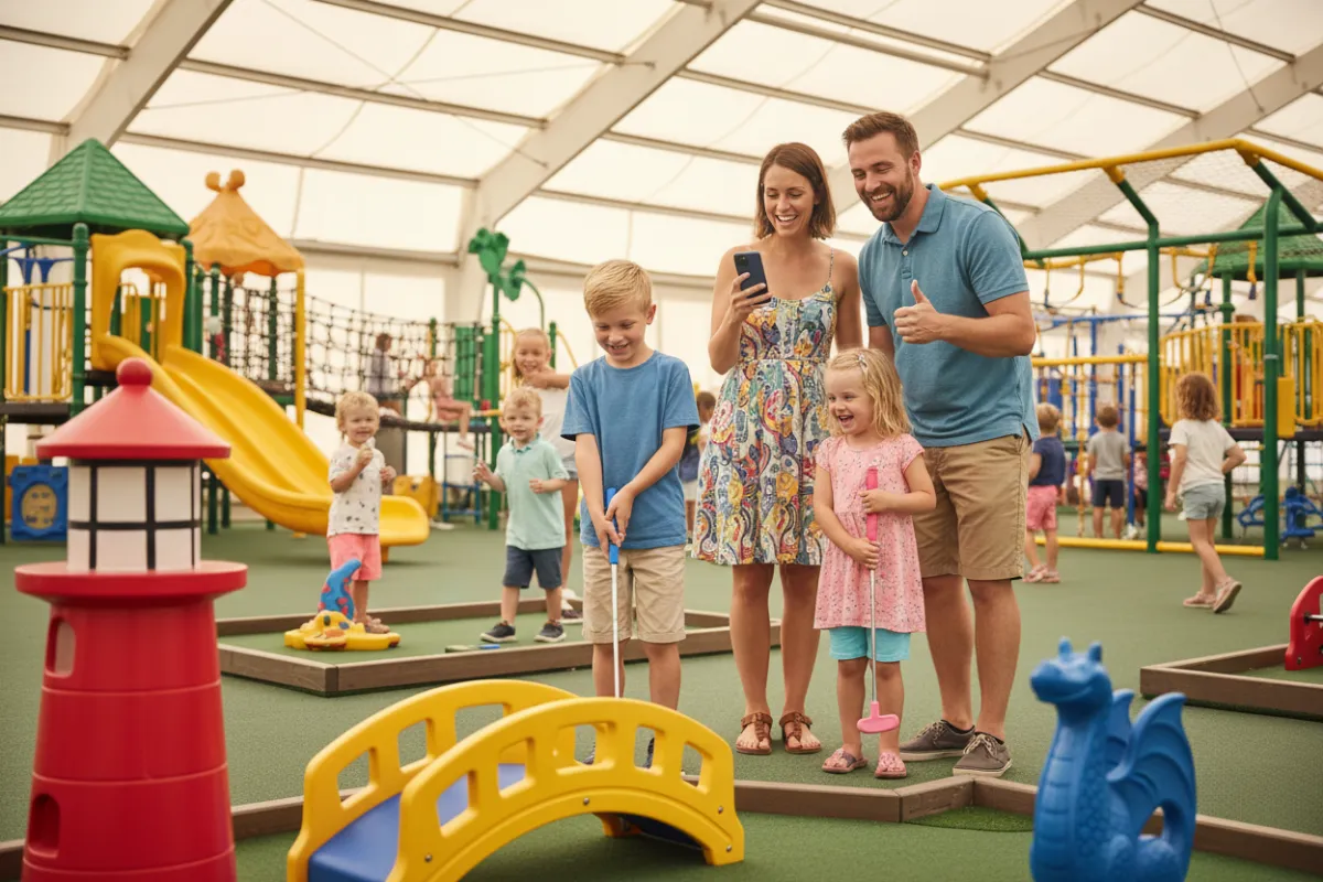 A candid lifestyle photo of a family with two children playing mini-golf at a Springfield, VA entertainment venue. The background shows colorful play structures and smiling parents, capturing a joyful, active moment in a safe, well-lit environment.