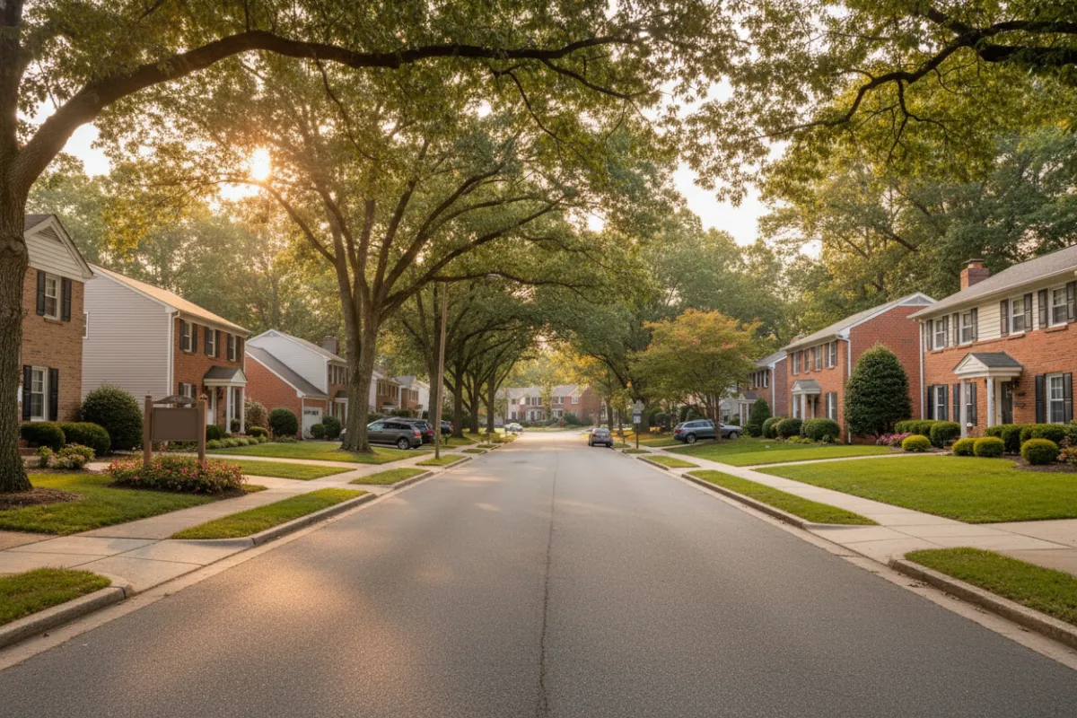 Photorealistic landscape of Springfield, VA neighborhood streets: rows of single-family homes with manicured lawns, mature trees, and sidewalks under soft afternoon light; community signage visible; warm, inviting color palette emphasizing local character and suburban readability.