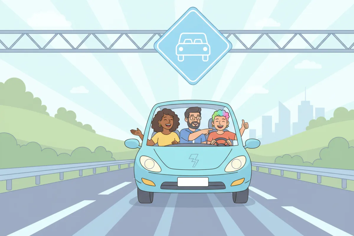 A carpool vehicle with three diverse passengers, an HOV lane sign, and a Springfield highway in the background. The illustration is friendly and inclusive, highlighting the benefits of shared travel and community connection.