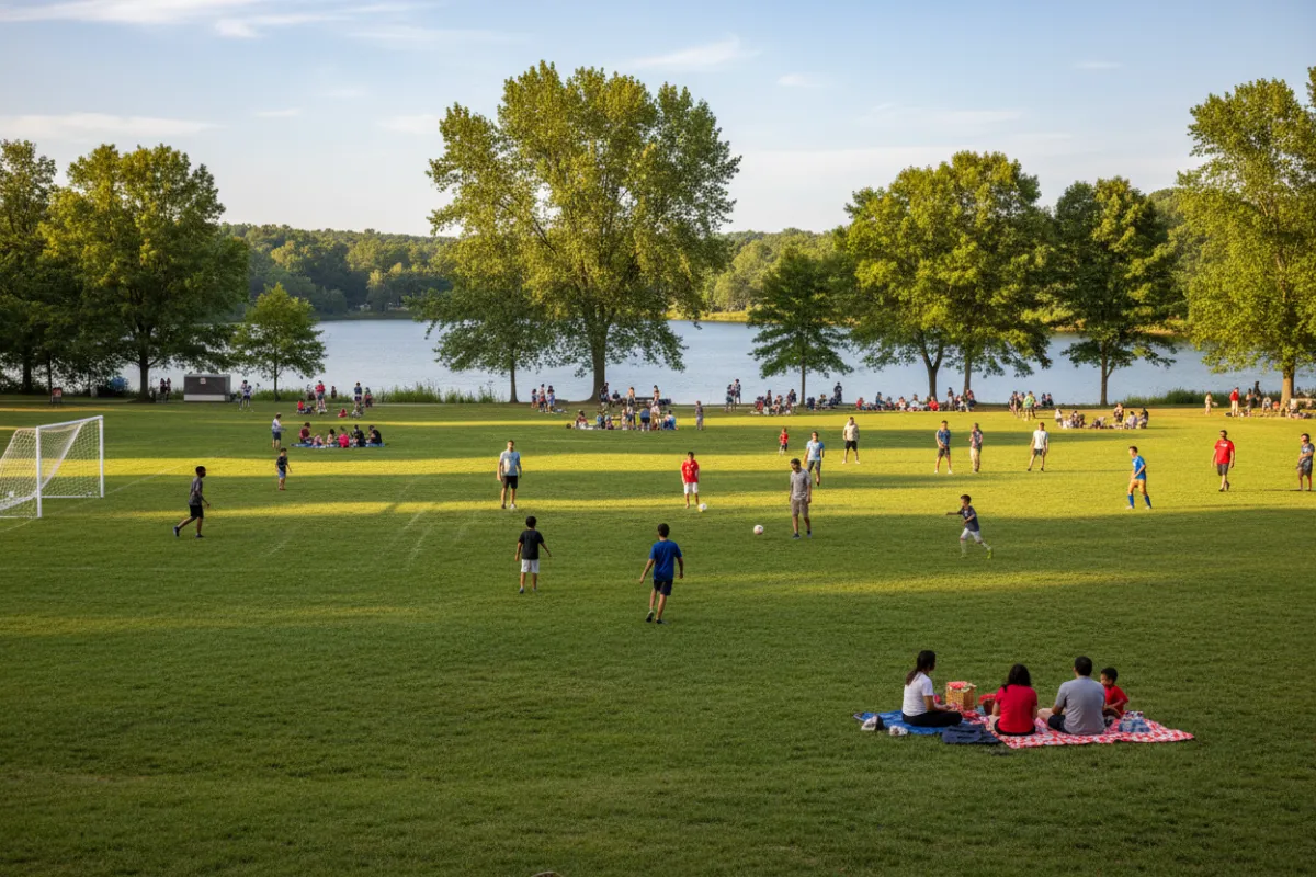 A wide soccer field at Lake Accotink, with children and adults playing soccer, surrounded by lush green grass and tall trees. The background shows a sunny sky and families picnicking, highlighting the park's vibrant, active environment.