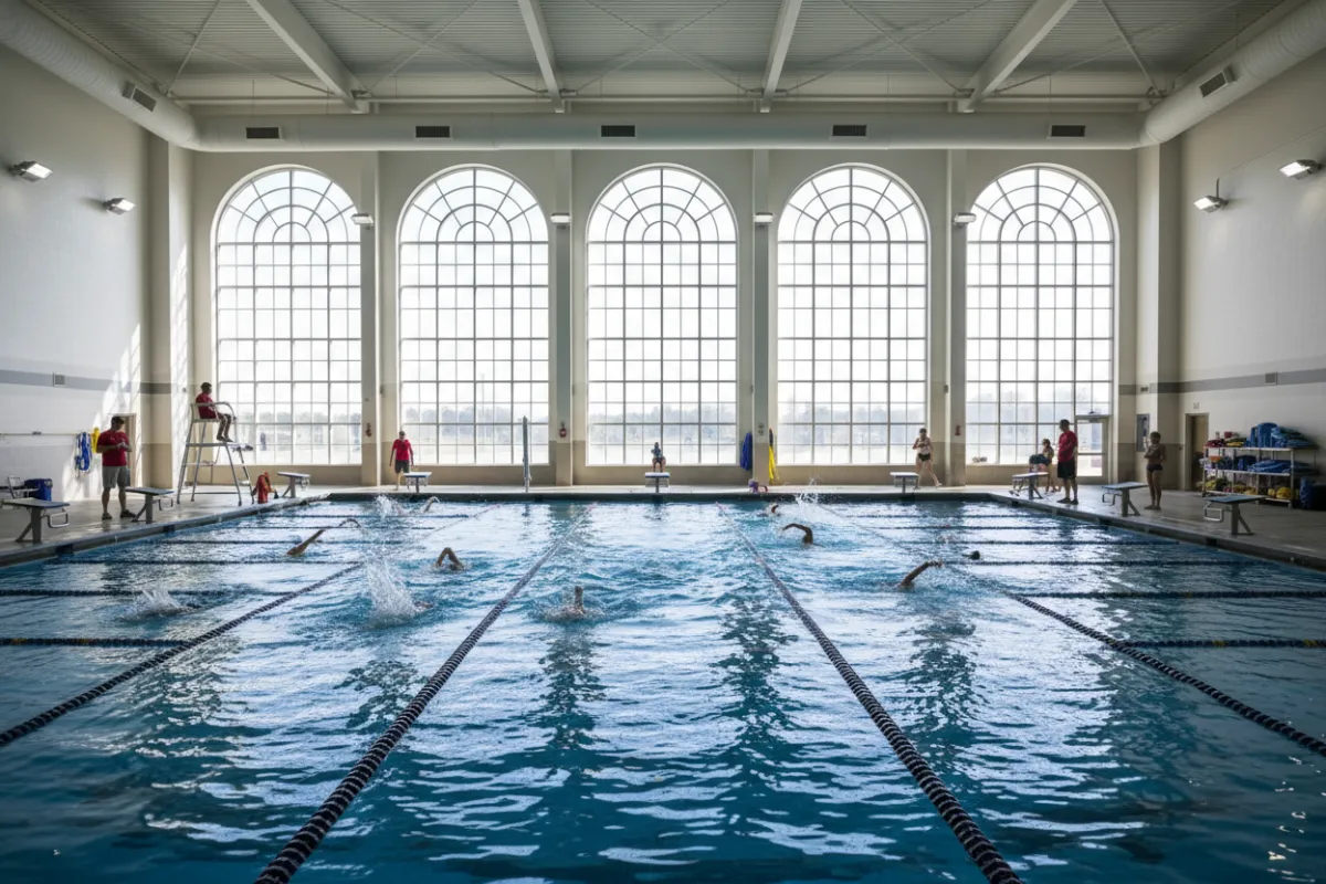 An Olympic-size indoor pool at South Run Aquatic Center, with swimmers in multiple lanes, clear blue water, and large windows letting in natural light. The facility appears clean, modern, and busy with both youth and adult swimmers.