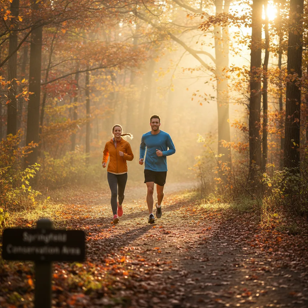 Two runners, one male and one female, jogging along a Springfield trail covered in autumn leaves. The early morning light and energetic movement highlight fitness and the beauty of local nature.