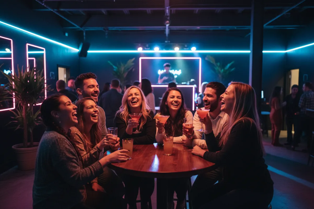A candid photo of a diverse group of friends laughing and enjoying drinks at a trendy Springfield, VA bar. The setting features neon lighting, a lively crowd, and a DJ booth in the background, evoking a fun nightlife atmosphere.