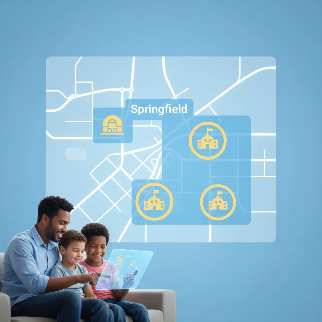 Map of Springfield with highlighted school zones, icons for schools, digital interface, family using tablet, clear and informative, modern style