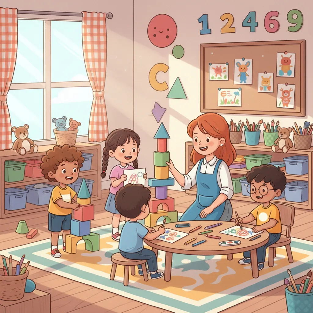 Young children playing with blocks and art supplies, bright classroom, caring teacher, colorful decor, joyful and safe atmosphere, diverse group. The image is in a cheerful cartoon style, 1:1 aspect ratio, emphasizing warmth and early learning.