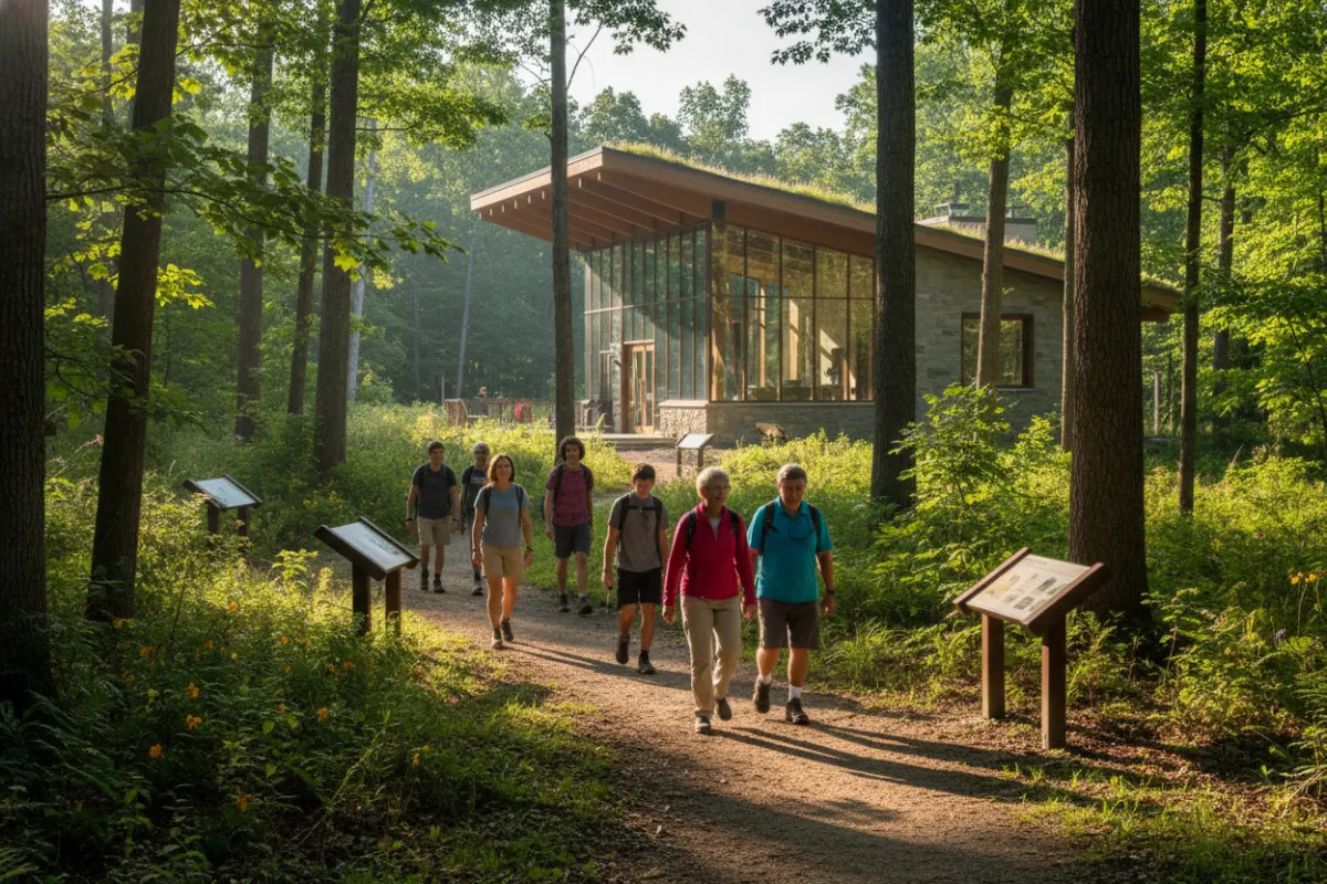 A winding forest trail in Springfield, VA, with hikers of various ages, interpretive signs, and a modern nature center building visible through the trees on a bright morning.