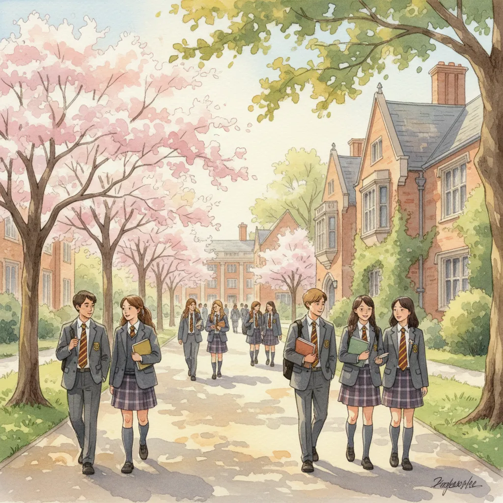 Elegant private school campus, students in uniforms, tree-lined walkway, classic architecture, diverse group, sunny afternoon, calm and studious mood. Soft watercolor illustration, 1:1 aspect ratio.
