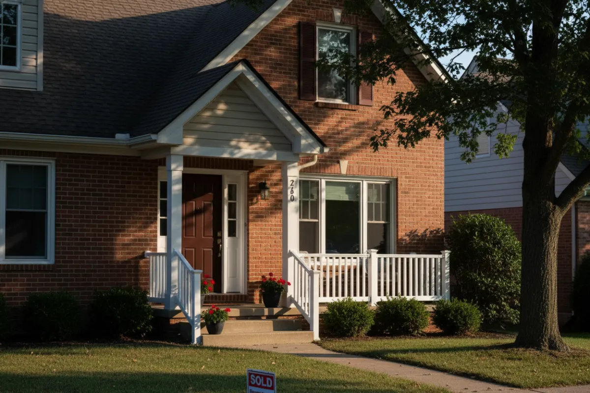 Close-up photorealistic image of a well-kept suburban Springfield home exterior with sunlight on a brick facade, a tidy front porch, and a 'Sold' placard glimpse; framed to emphasize curb appeal and local architecture.