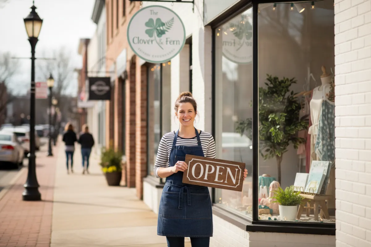 A Springfield VA business owner stands proudly in front of their shop, holding an 'Open' sign. The storefront features local branding and welcoming decor. The owner is smiling, conveying approachability and community spirit, with the Springfield streetscape visible in the background.