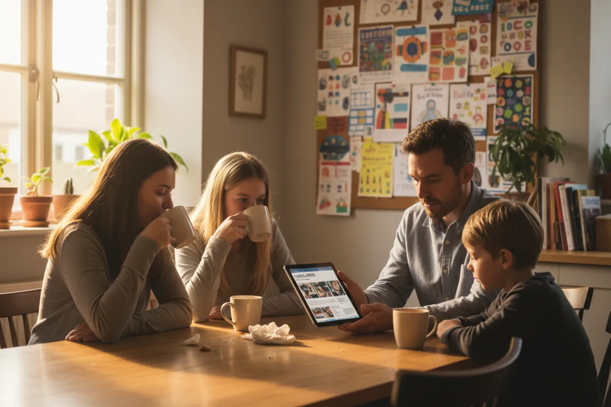 A Springfield family reading local news on a tablet at their kitchen table, with morning sunlight, coffee mugs, and a bulletin board filled with community flyers in the background.