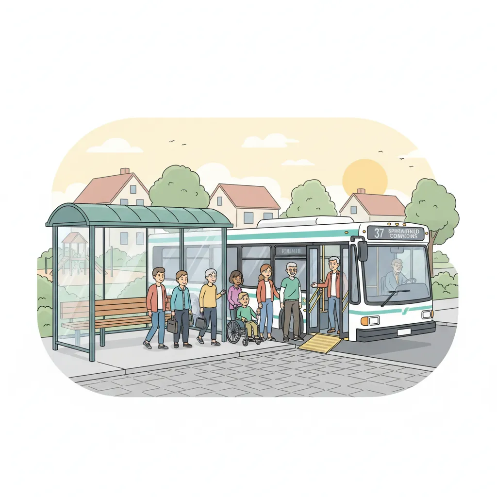 A local bus at a Springfield stop, with passengers boarding and a suburban background. The scene includes clear route signage and a friendly, modern illustration style. The composition emphasizes accessibility and community, with diverse riders and a clean, welcoming environment.