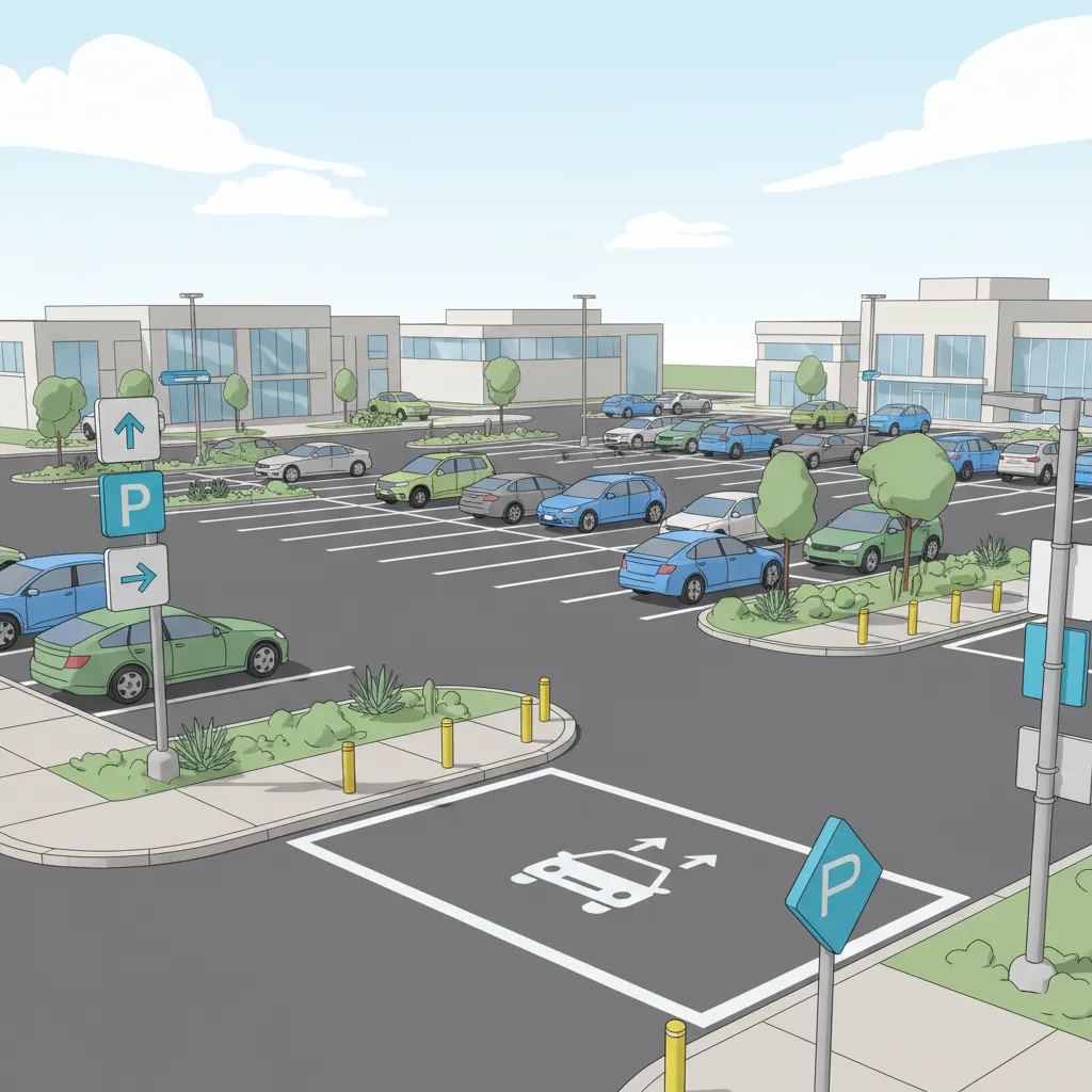 A parking lot in Springfield with clear signage, a rideshare pickup area, and a mix of parked cars. The scene is clean, organized, and accessible, with a focus on easy navigation and user-friendly design.