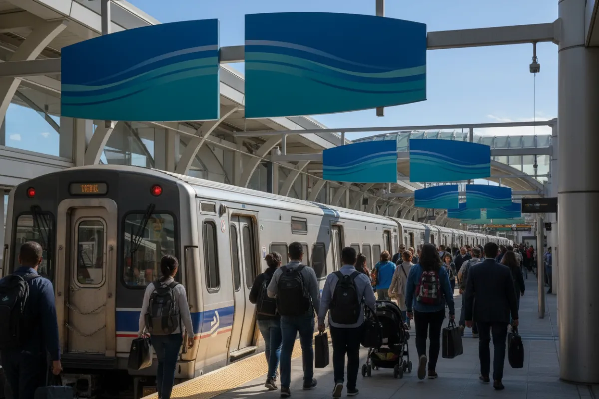 Modern train at Franconia-Springfield station with commuters boarding, blue and teal signage, and clear sky in the background.
