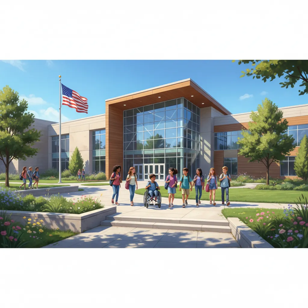 Modern school building with students of various backgrounds entering, American flag, landscaped grounds, sunny day, welcoming environment