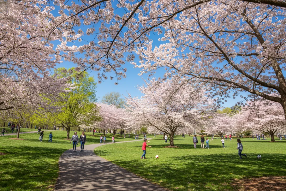 A vibrant springtime park in Springfield, VA, with families walking along a winding path, children playing on green grass, and tall trees in full bloom under a clear blue sky.