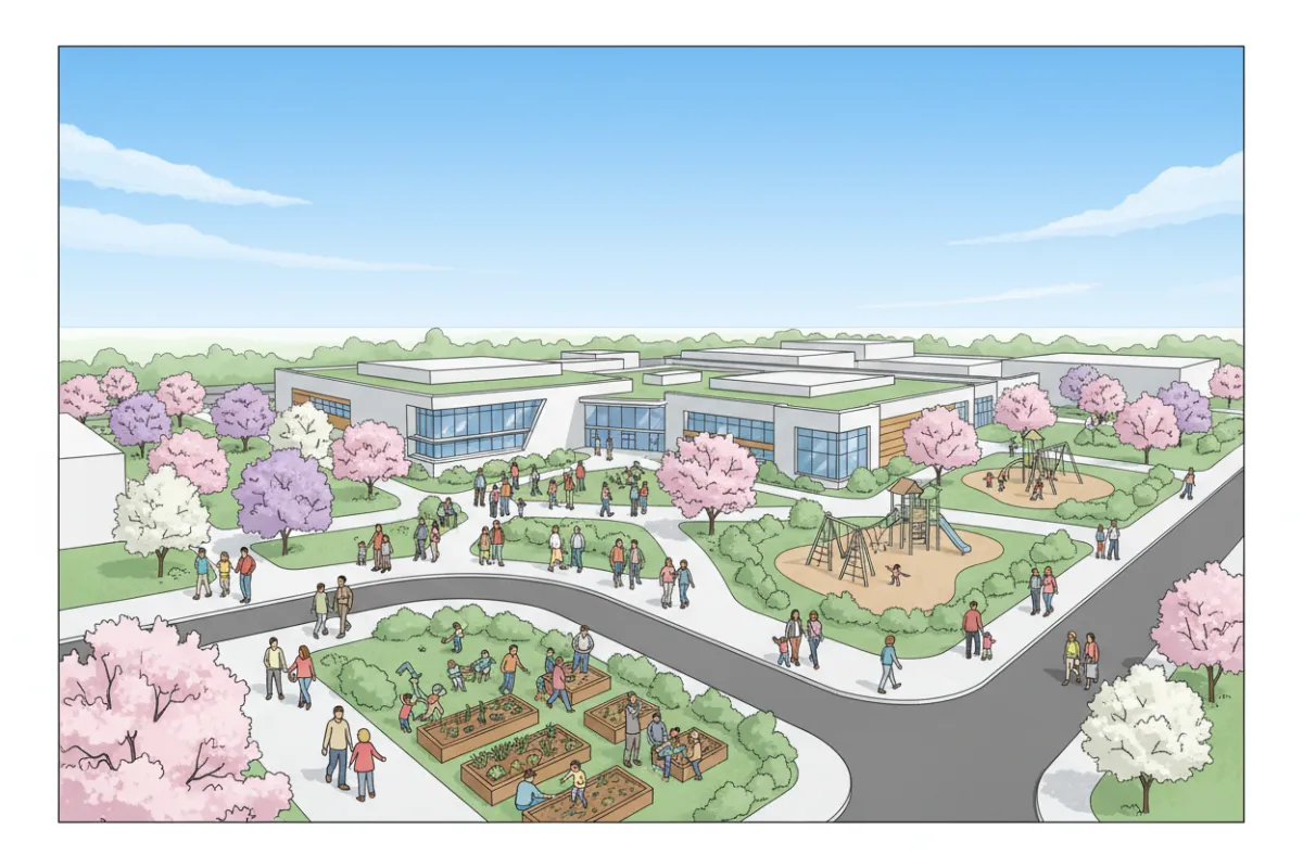 Aerial view of Springfield, Virginia with diverse families walking near a modern school building, spring trees in bloom, clear blue sky, vibrant community atmosphere