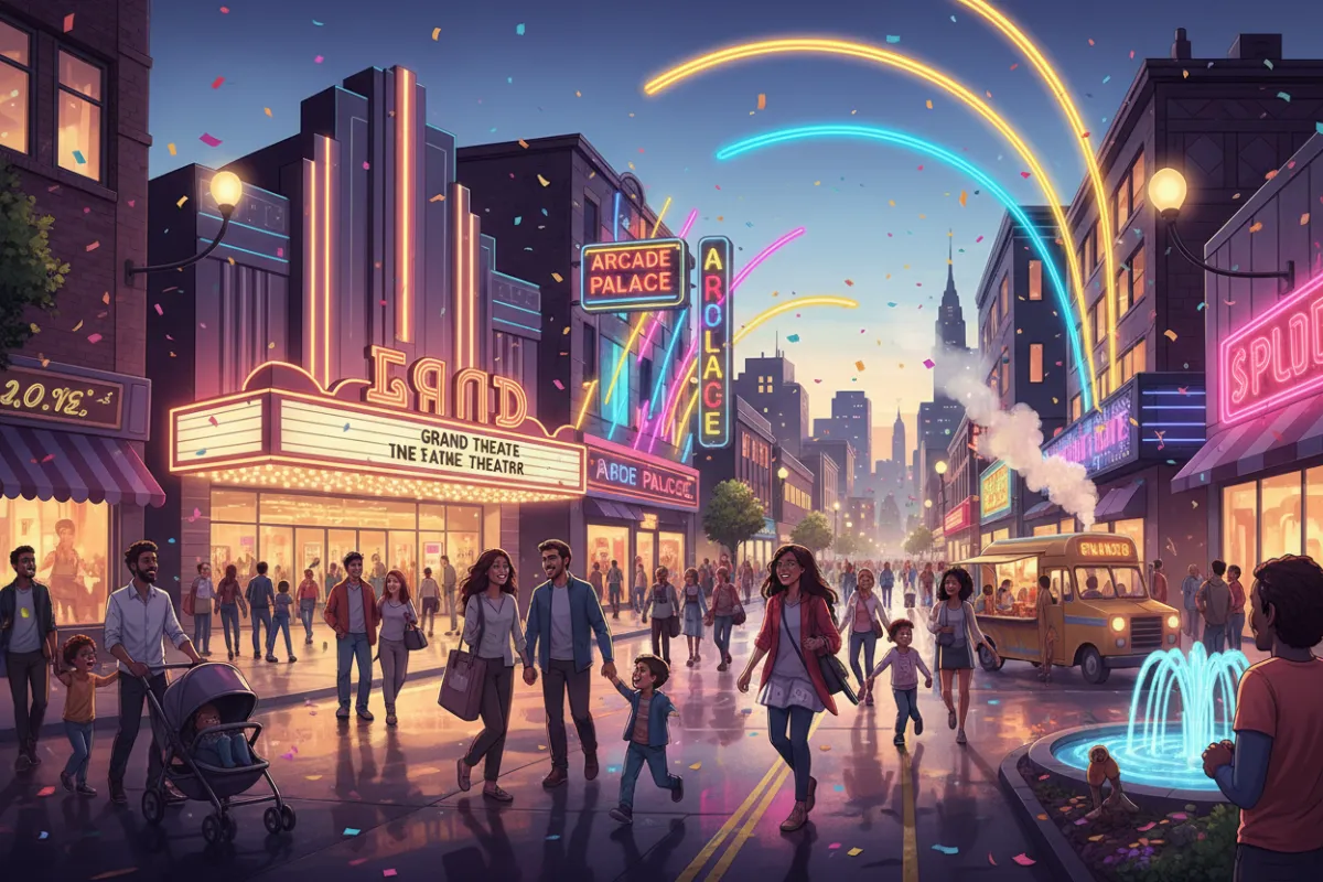 A vibrant digital illustration of a lively Springfield, VA entertainment district at dusk, featuring families, friends, and couples walking past theaters, arcades, and neon-lit venues.
