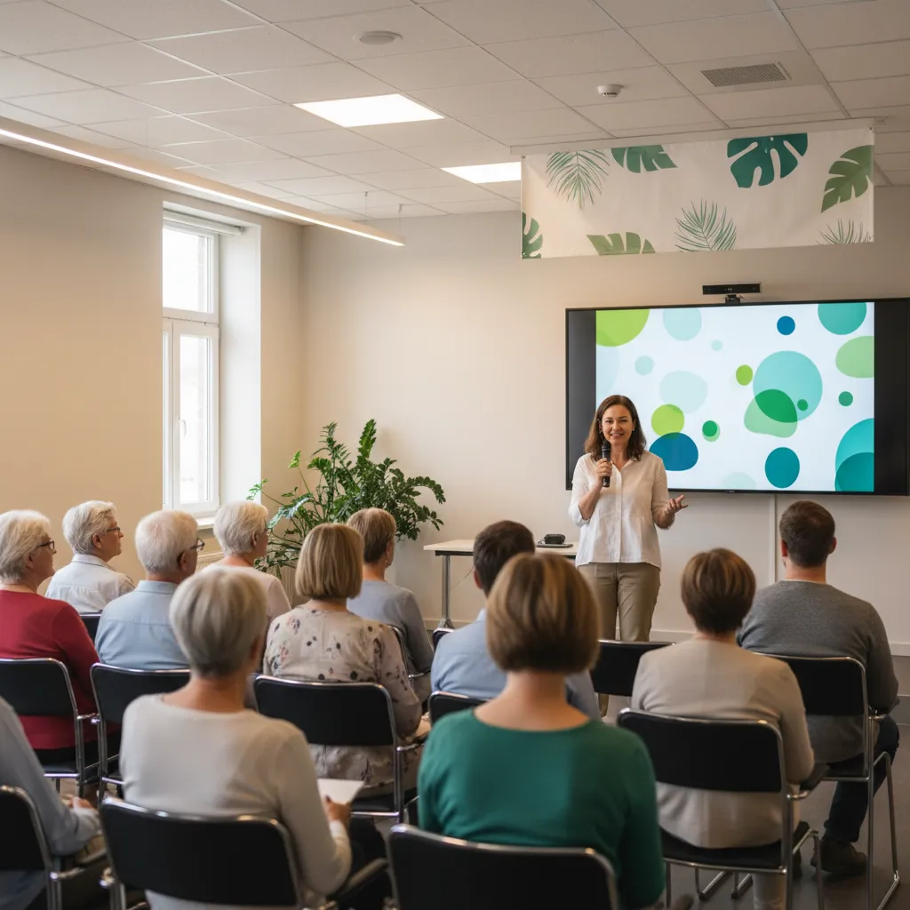 A health expert giving a wellness talk at a Springfield community center, with an attentive, mixed-age audience seated in rows. The setting is modern, well-lit, and focused on learning about healthy living.